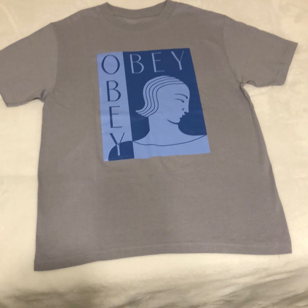 OBEY T-Shirt in Light Gray w/ Shade of Blue Graphics, Excellent Condition, S